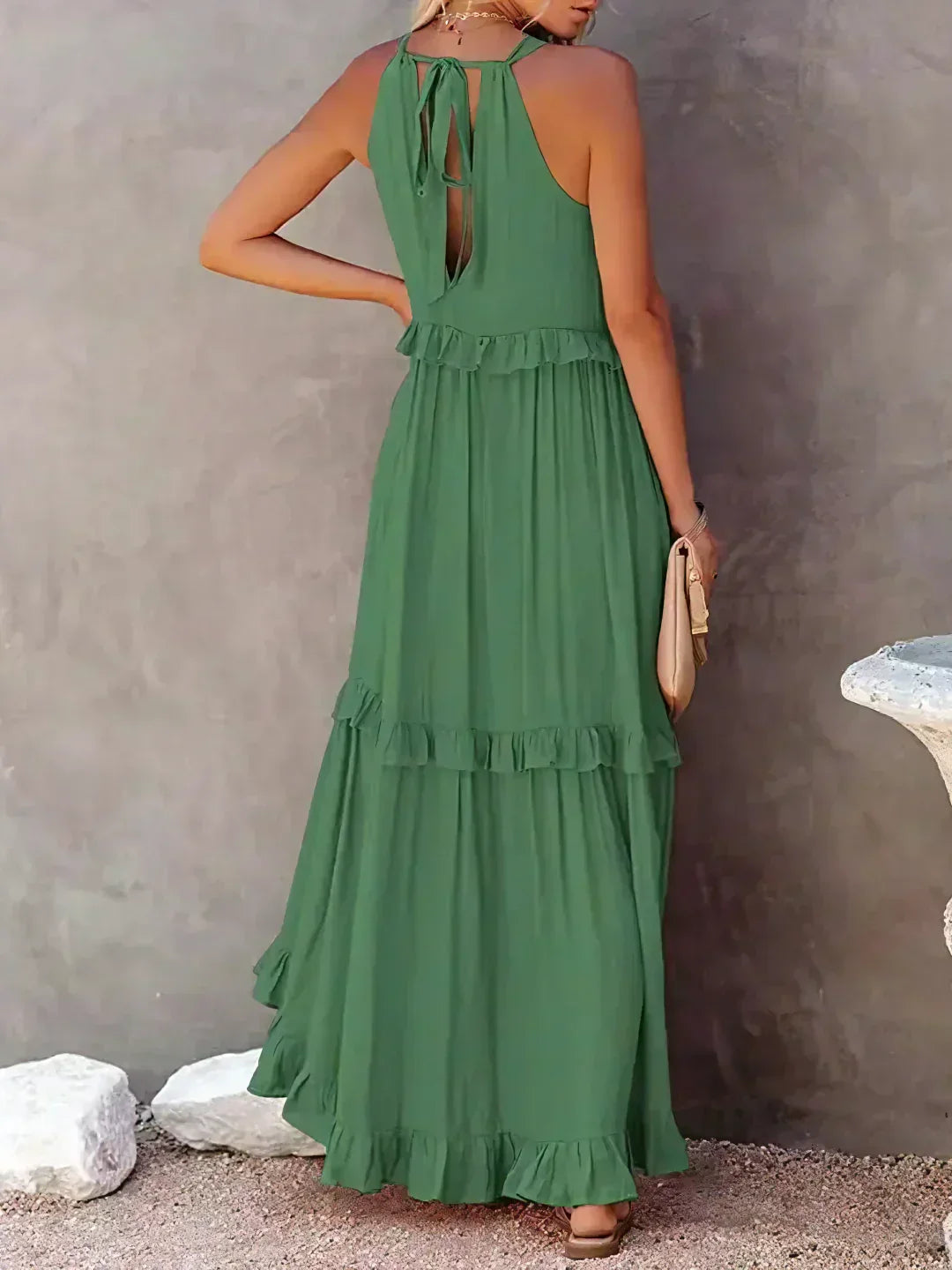 Elegant Tiered Chiffon Maxi Cocktail Dress for Women with Halter Neckline Ruffle Layers Flowing Skirt