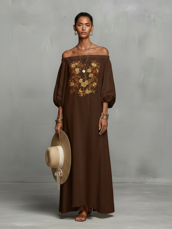 Roselyn | Off Shoulder Floral Embroidered Puff Sleeve Maxi Dress for Women