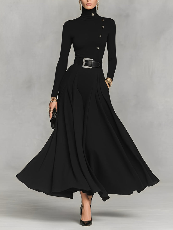 Mila | Black Turtleneck Gold Button Belt Waist Flared Maxi Dress