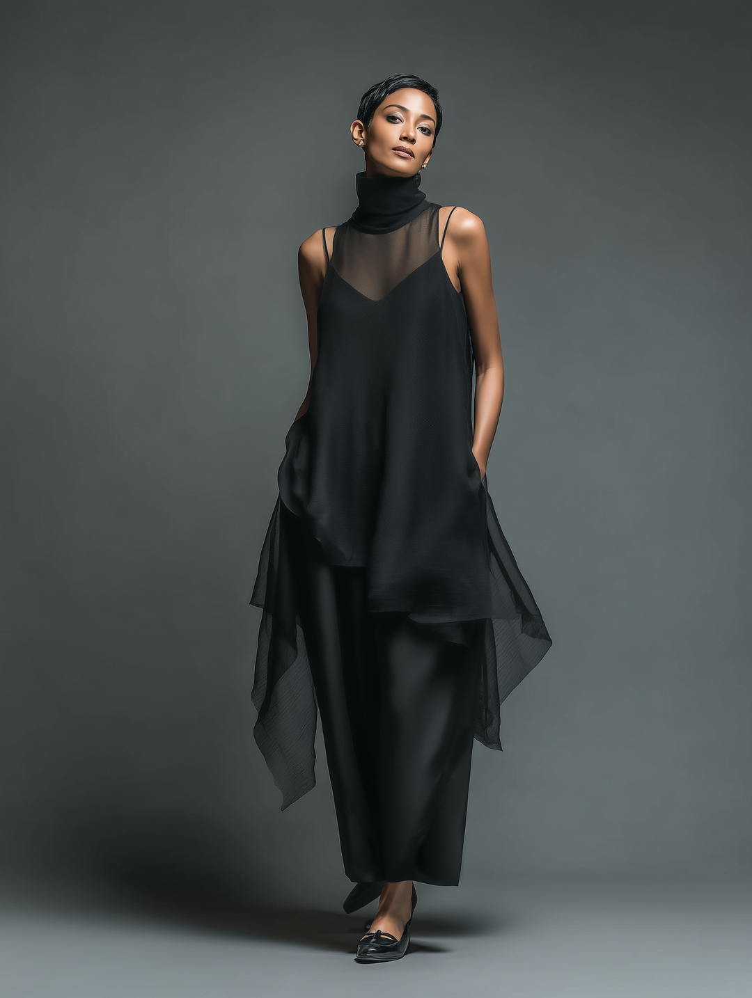 Noelle | Black Slip Dress for Women with Turtleneck Chiffon Overlay Spaghetti Strap Maxi Style