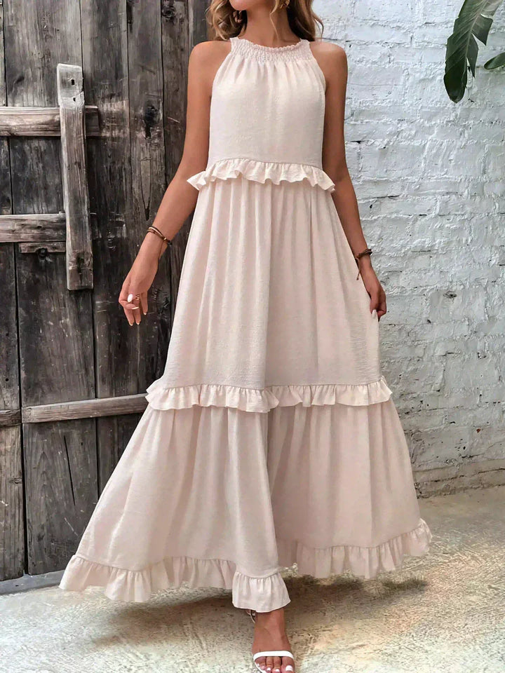 Elegant Tiered Chiffon Maxi Cocktail Dress for Women with Halter Neckline Ruffle Layers Flowing Skirt