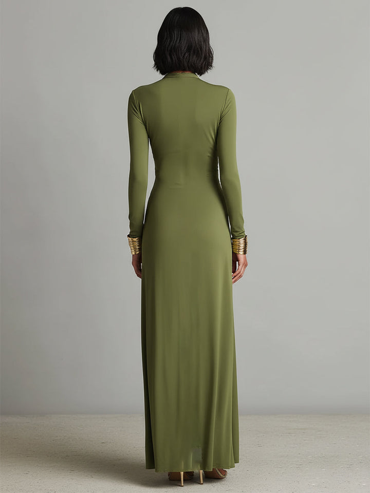 Delilah | Green Dress for Women with Deep V Neck Twist Knot Ruched Long Sleeve Formal Maxi Style
