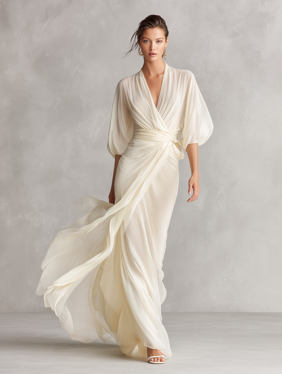 Celeste | Ivory Chiffon Wrap V Neck Puff Sleeve Formal Maxi Dress