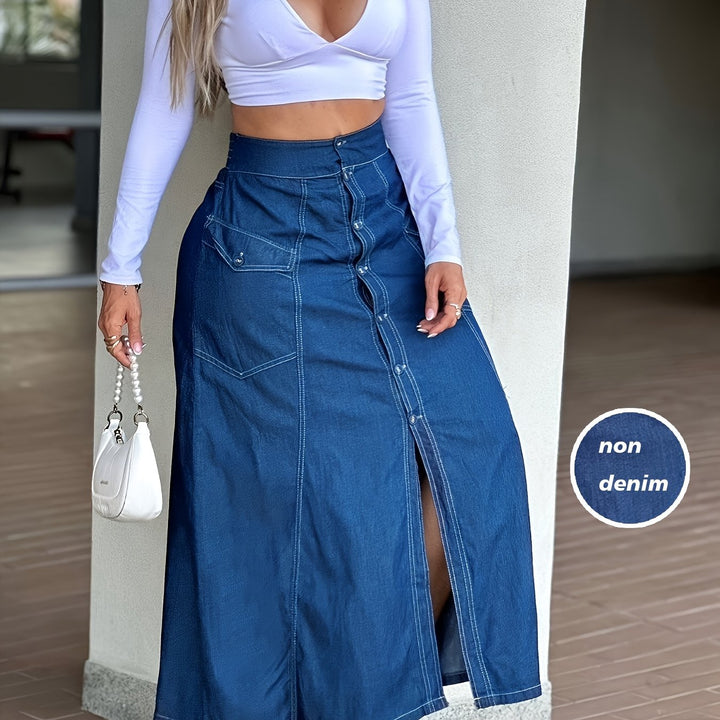 Women's Blue Denim High Waist Front Slit Maxi Long Skirt