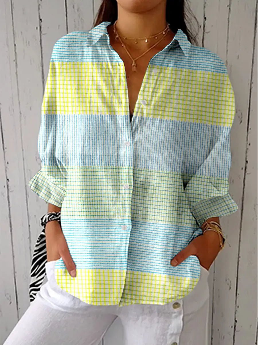 Effortless Yellow Striped Button Down Shirt for Women with Collared Long Sleeve Colorblock Loose Casual Style