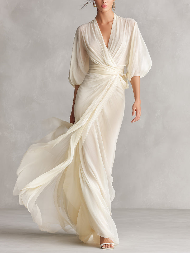 Celeste | Ivory Chiffon Wrap V Neck Puff Sleeve Formal Maxi Dress