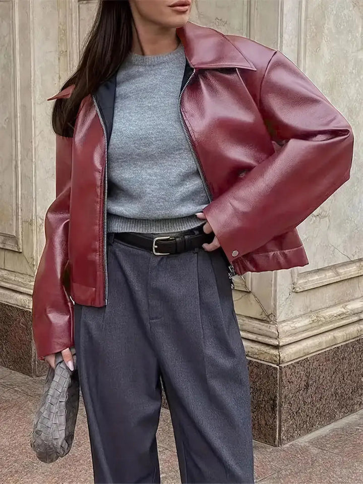 Elegant Faux Leather Jacket for Women with Collar Long Sleeve Oversized Cropped Style
