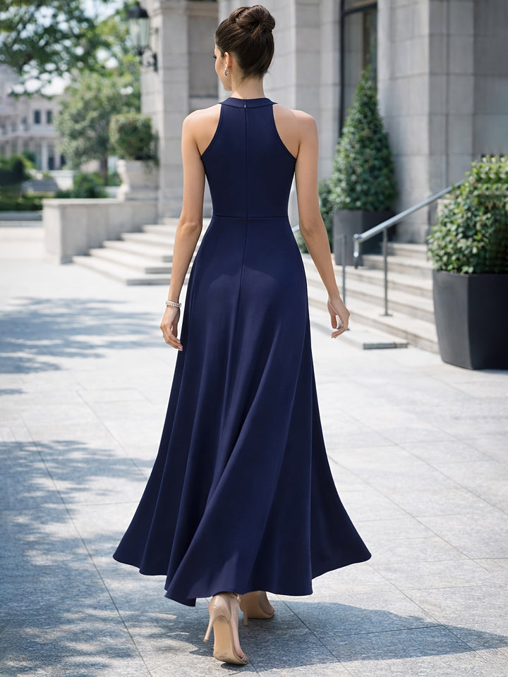Elegant Satin Maxi Dress for Women with Halter Neck High Slit A Line Formal Wedding Guest Style