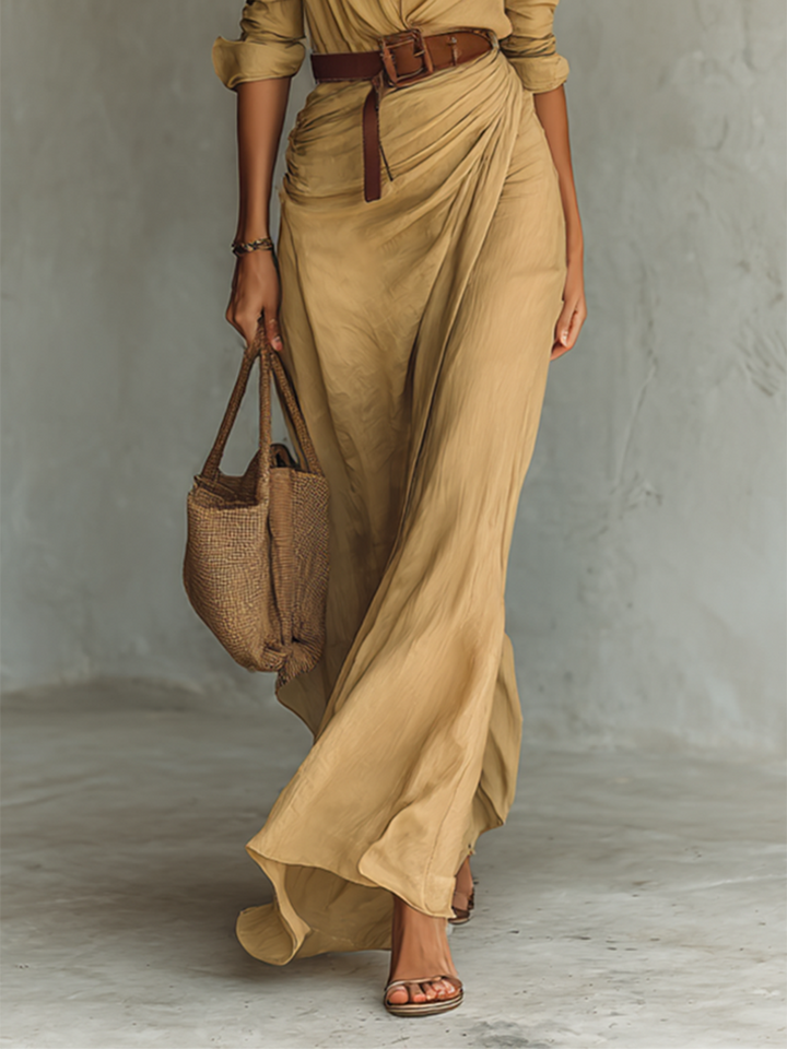 Camille | Lapel Collar Belt Waist Draped Long Sleeve Maxi Dress for Women
