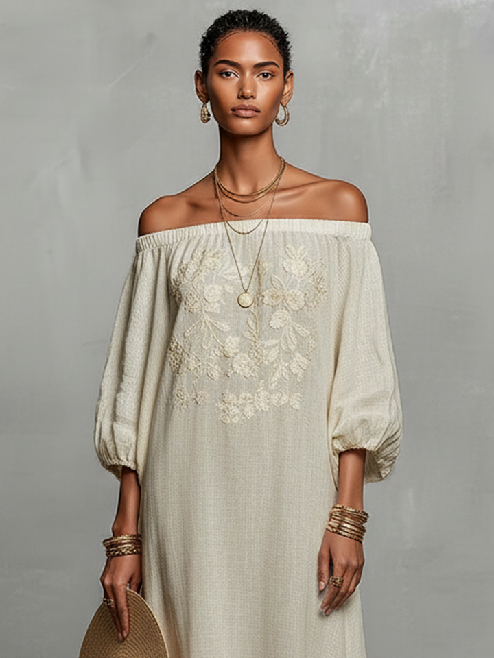 Roselyn | Off Shoulder Floral Embroidered Puff Sleeve Maxi Dress for Women