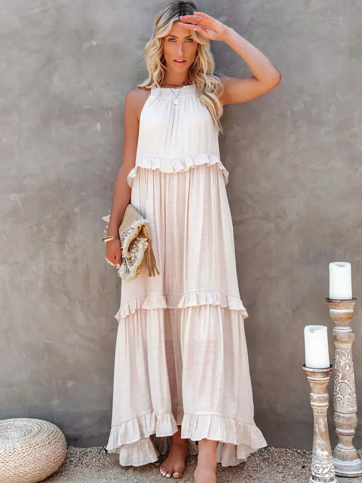 Elegant Tiered Chiffon Maxi Cocktail Dress for Women with Halter Neckline Ruffle Layers Flowing Skirt