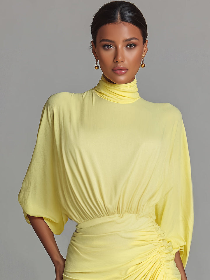 Madison | Yellow Draped Turtleneck Batwing Sleeve Maxi Dress
