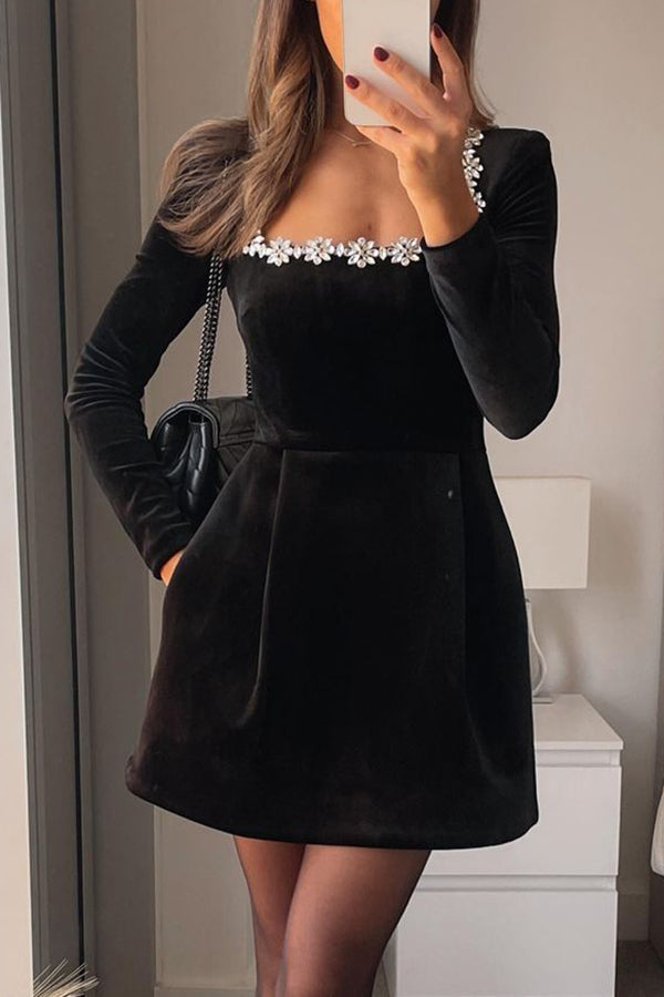 Elegant Velvet Mini Cocktail Dress for Women with Square Neckline Beaded Trim Long Sleeve Flared Skirt