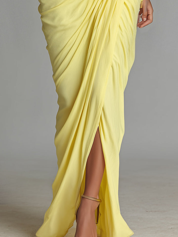 Madison | Yellow Draped Turtleneck Batwing Sleeve Maxi Dress