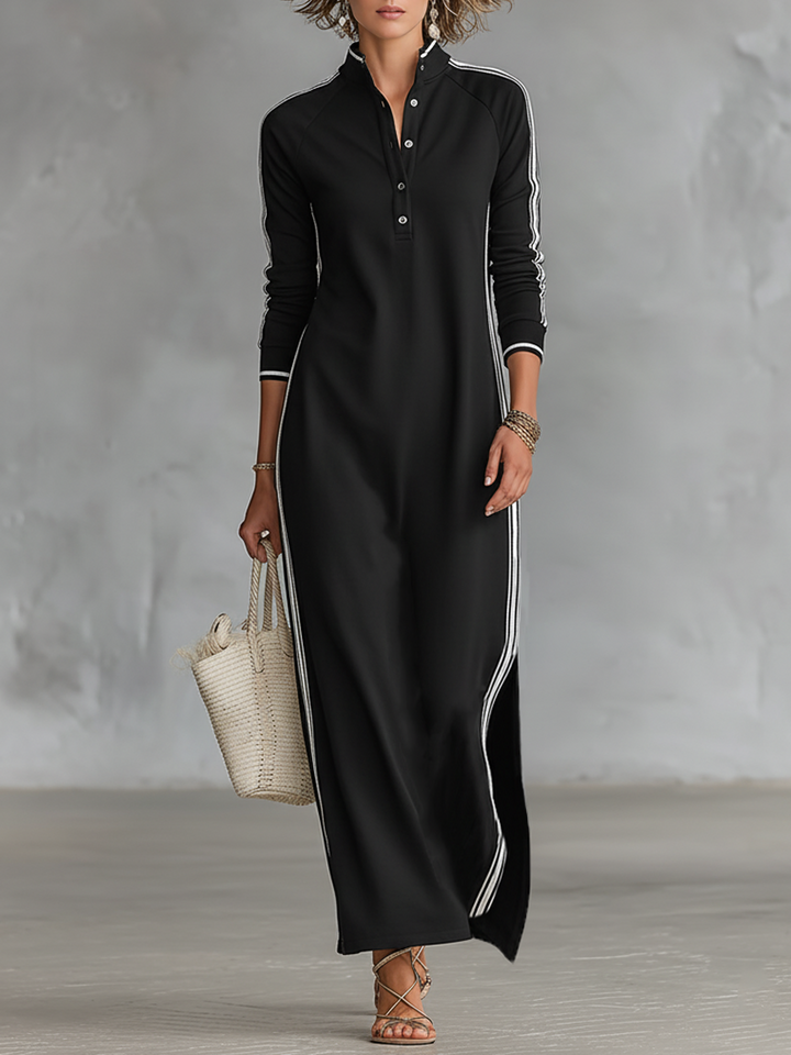 Riley | Sporty Stripe Trim Shirt Dress for Women with Stand Collar Maxi Style