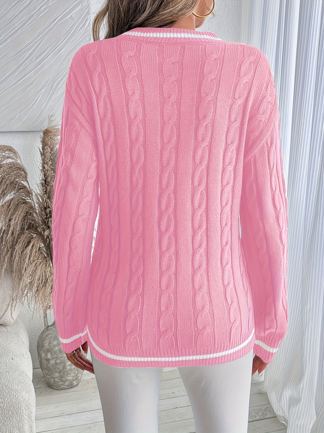 Women's Contrast Trim V Neck Long Sleeve Cable Knit Sweater