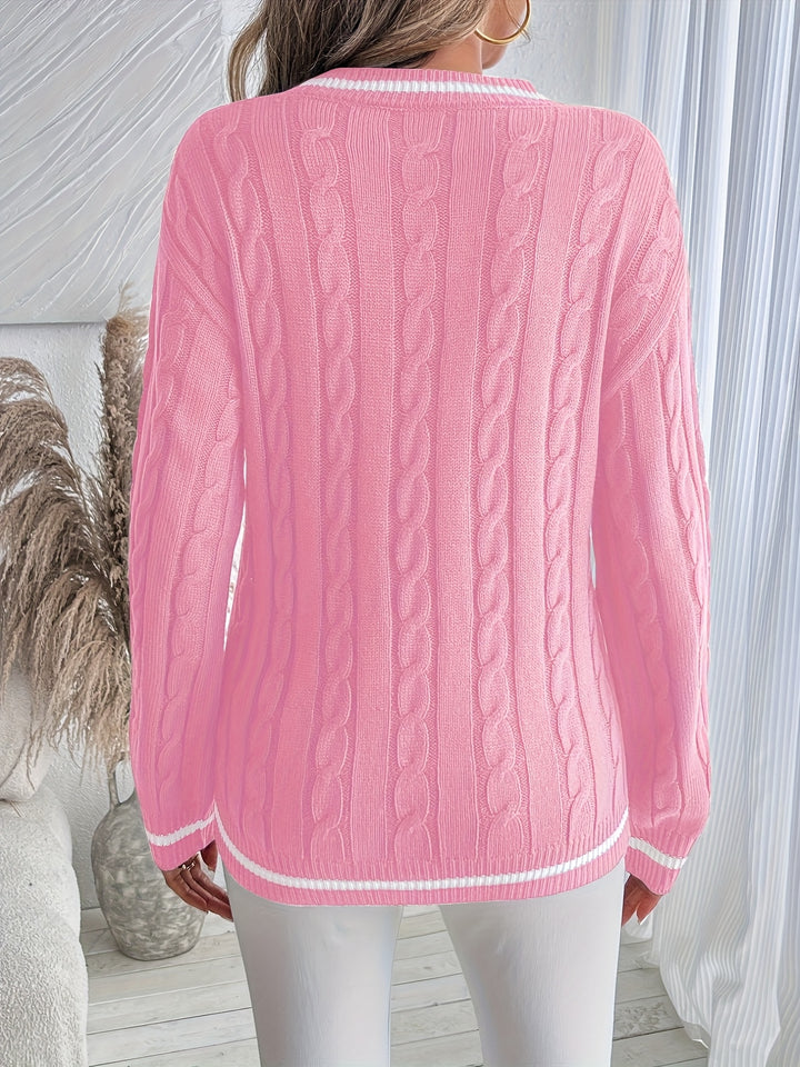 Women's Contrast Trim V Neck Long Sleeve Cable Knit Sweater