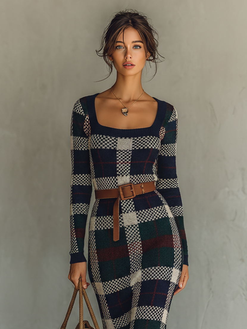 Dana | Plaid Knit Square Neck Belt Waist Fitted Maxi Dress