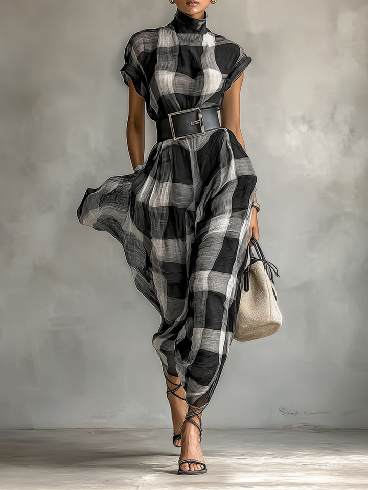Tatum | Black Plaid Mock Neck Belt Waist Flared Maxi Dress