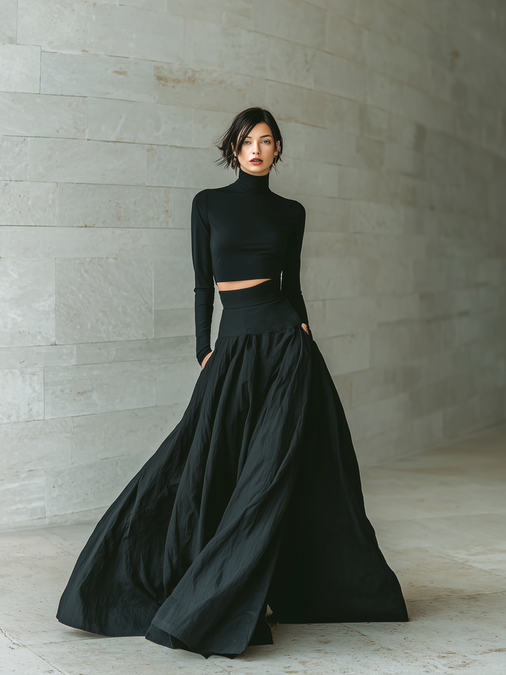 Zoe | Black Two Piece Set Turtleneck Crop Top Flared Maxi Skirt Formal Style