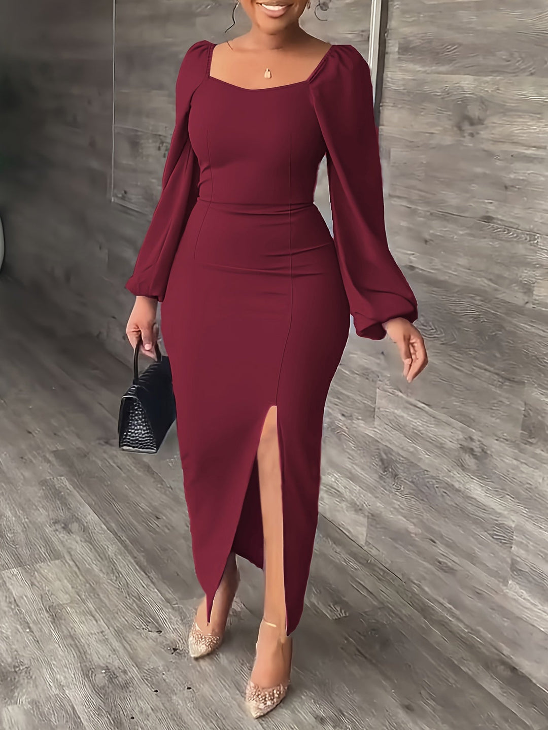 Elegant Bodycon Midi Dress for Women with Square Neck Long Puff Sleeve Side Slit Cocktail Style