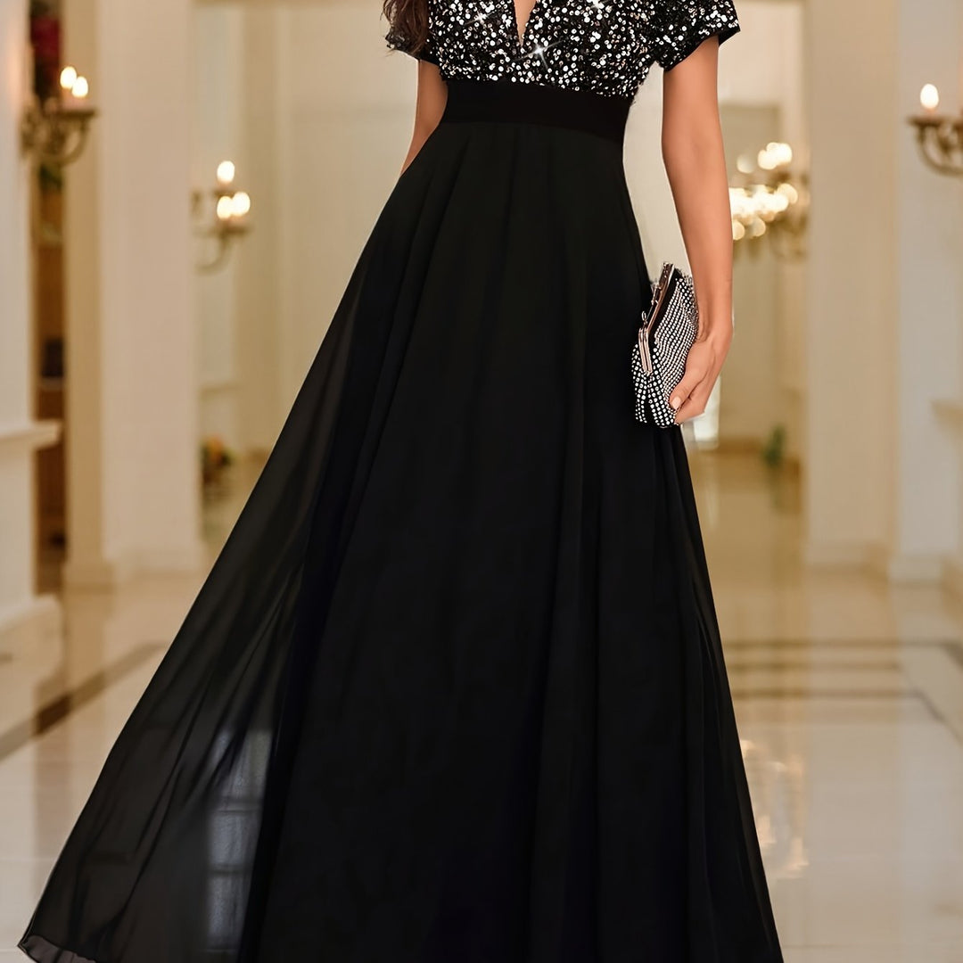 Elegant Sequin Maxi Dress for Women with V Neck Short Sleeve Empire Waist Flowing Formal Wedding Guest Style