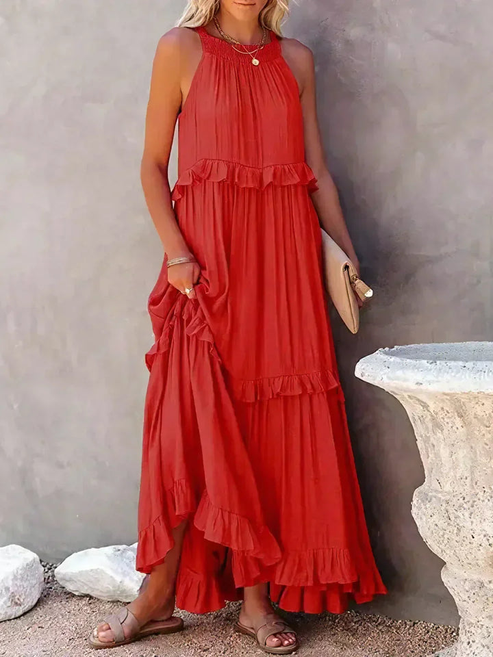 Elegant Tiered Chiffon Maxi Cocktail Dress for Women with Halter Neckline Ruffle Layers Flowing Skirt