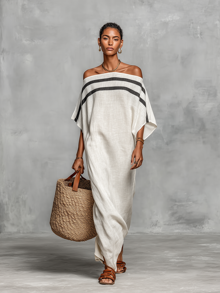 Kendall | Striped Off Shoulder Batwing Sleeve Linen Maxi Dress for Women