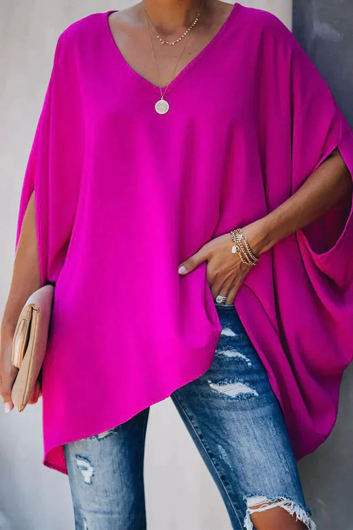 Effortless Chiffon Blouse for Women with V Neck Batwing Sleeve Asymmetric Hem Loose Oversized Style
