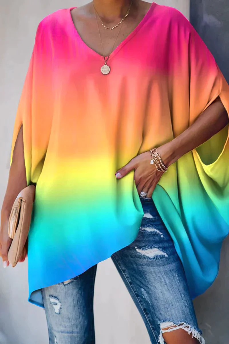 Effortless Chiffon Blouse for Women with V Neck Batwing Sleeve Asymmetric Hem Loose Oversized Style