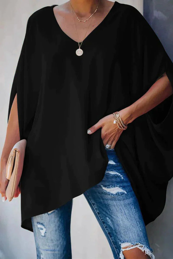 Effortless Chiffon Blouse for Women with V Neck Batwing Sleeve Asymmetric Hem Loose Oversized Style