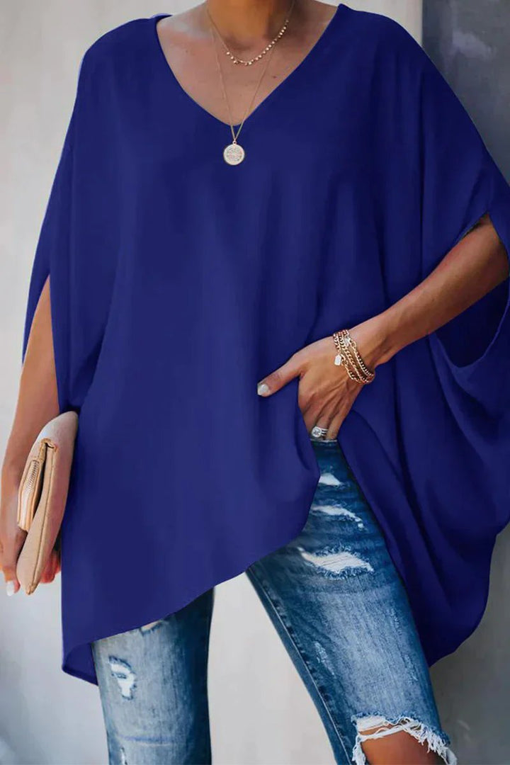 Effortless Chiffon Blouse for Women with V Neck Batwing Sleeve Asymmetric Hem Loose Oversized Style