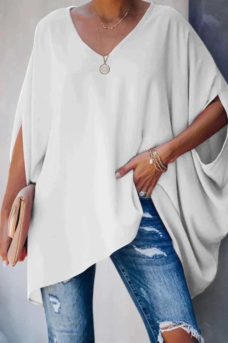 Effortless Chiffon Blouse for Women with V Neck Batwing Sleeve Asymmetric Hem Loose Oversized Style