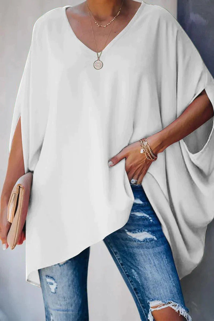 Effortless Chiffon Blouse for Women with V Neck Batwing Sleeve Asymmetric Hem Loose Oversized Style