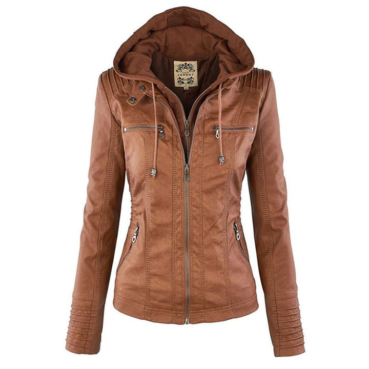 Elegant Faux Leather Moto Jacket for Women with Hooded Long Sleeve Quilted Detail Casual Style