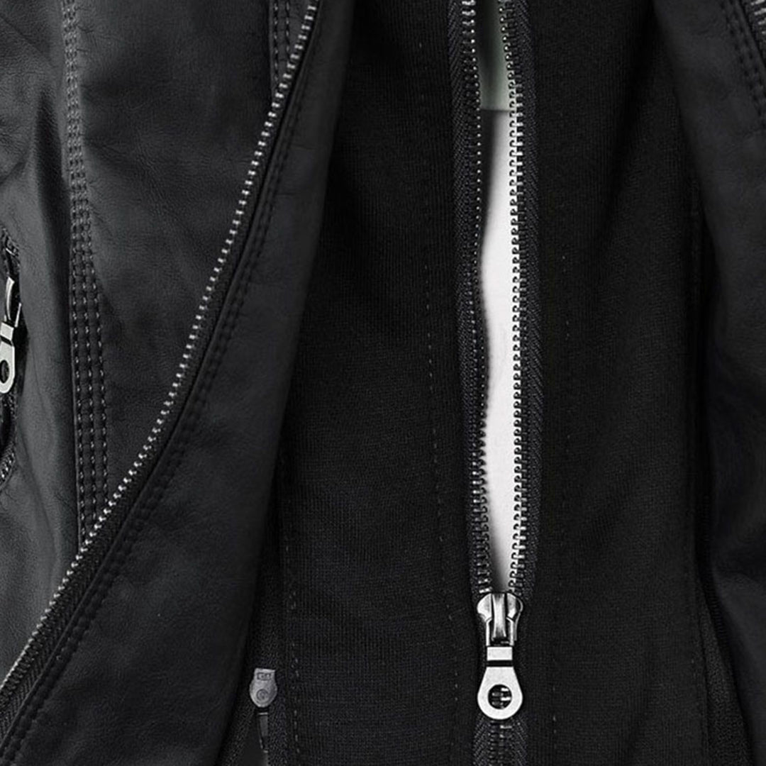 Elegant Faux Leather Moto Jacket for Women with Hooded Long Sleeve Quilted Detail Casual Style