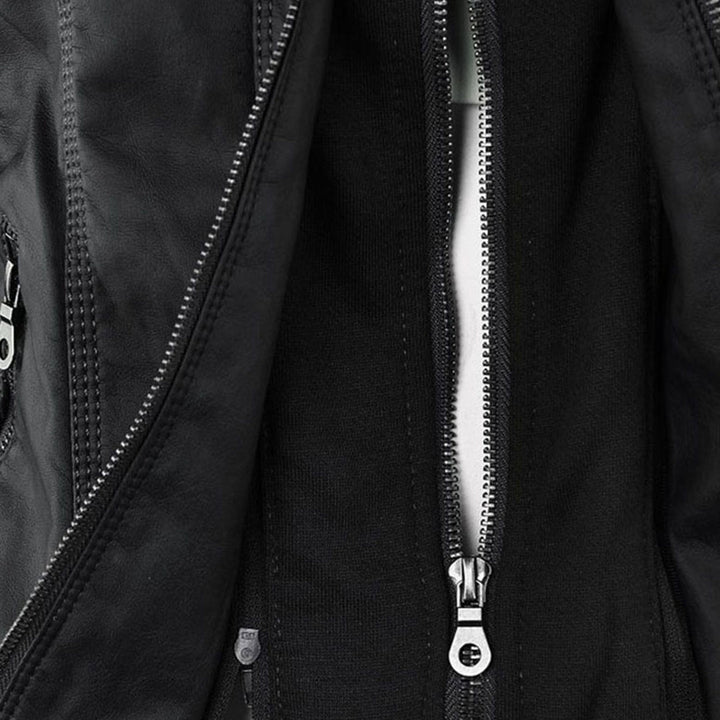 Elegant Faux Leather Moto Jacket for Women with Hooded Long Sleeve Quilted Detail Casual Style