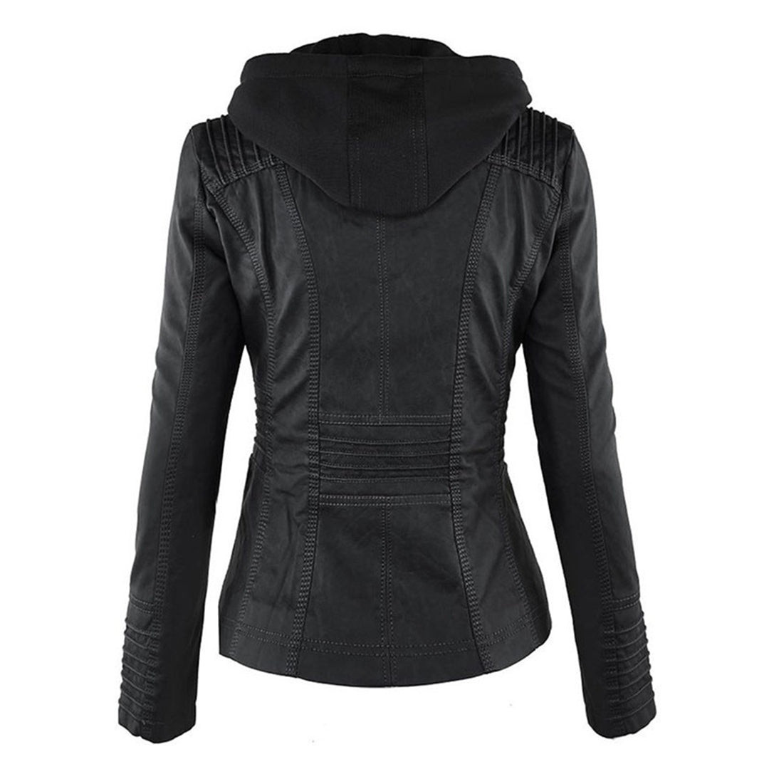 Elegant Faux Leather Moto Jacket for Women with Hooded Long Sleeve Quilted Detail Casual Style