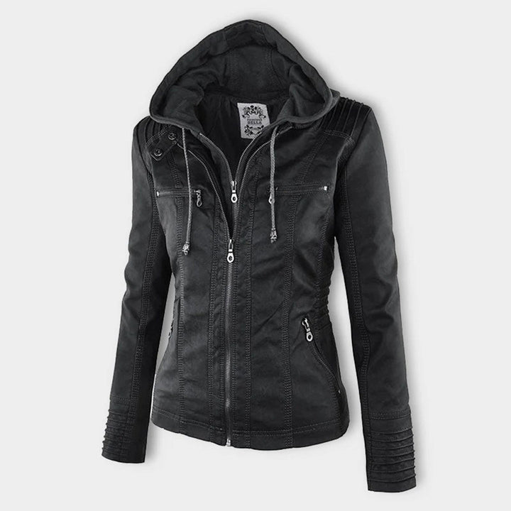 Elegant Faux Leather Moto Jacket for Women with Hooded Long Sleeve Quilted Detail Casual Style