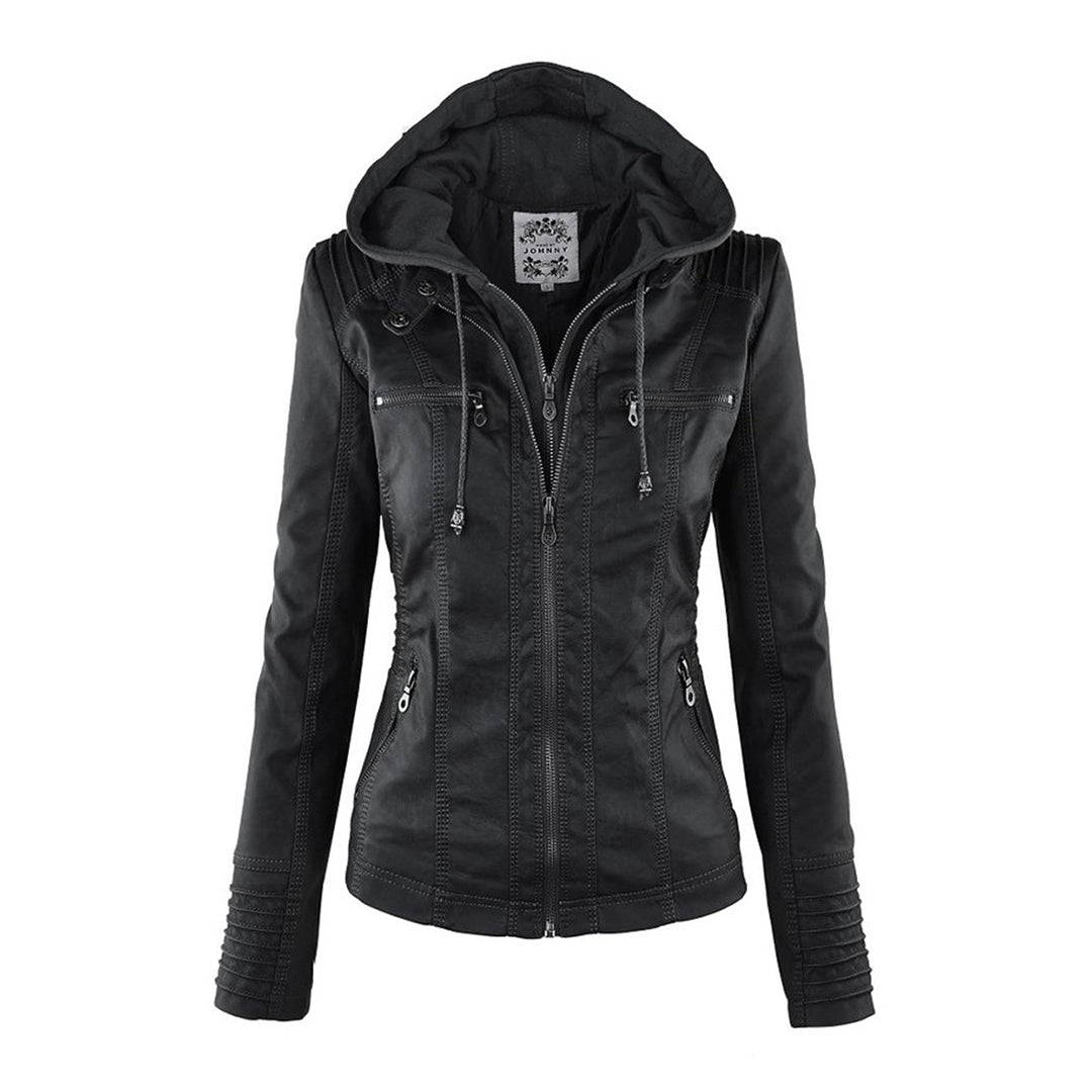 Elegant Faux Leather Moto Jacket for Women with Hooded Long Sleeve Quilted Detail Casual Style