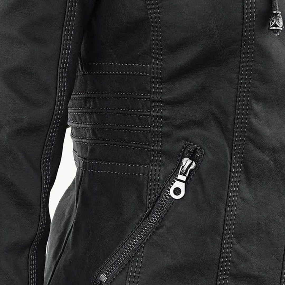 Elegant Faux Leather Moto Jacket for Women with Hooded Long Sleeve Quilted Detail Casual Style