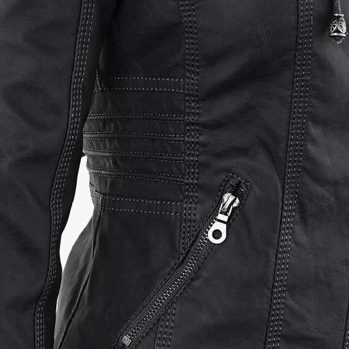 Elegant Faux Leather Moto Jacket for Women with Hooded Long Sleeve Quilted Detail Casual Style
