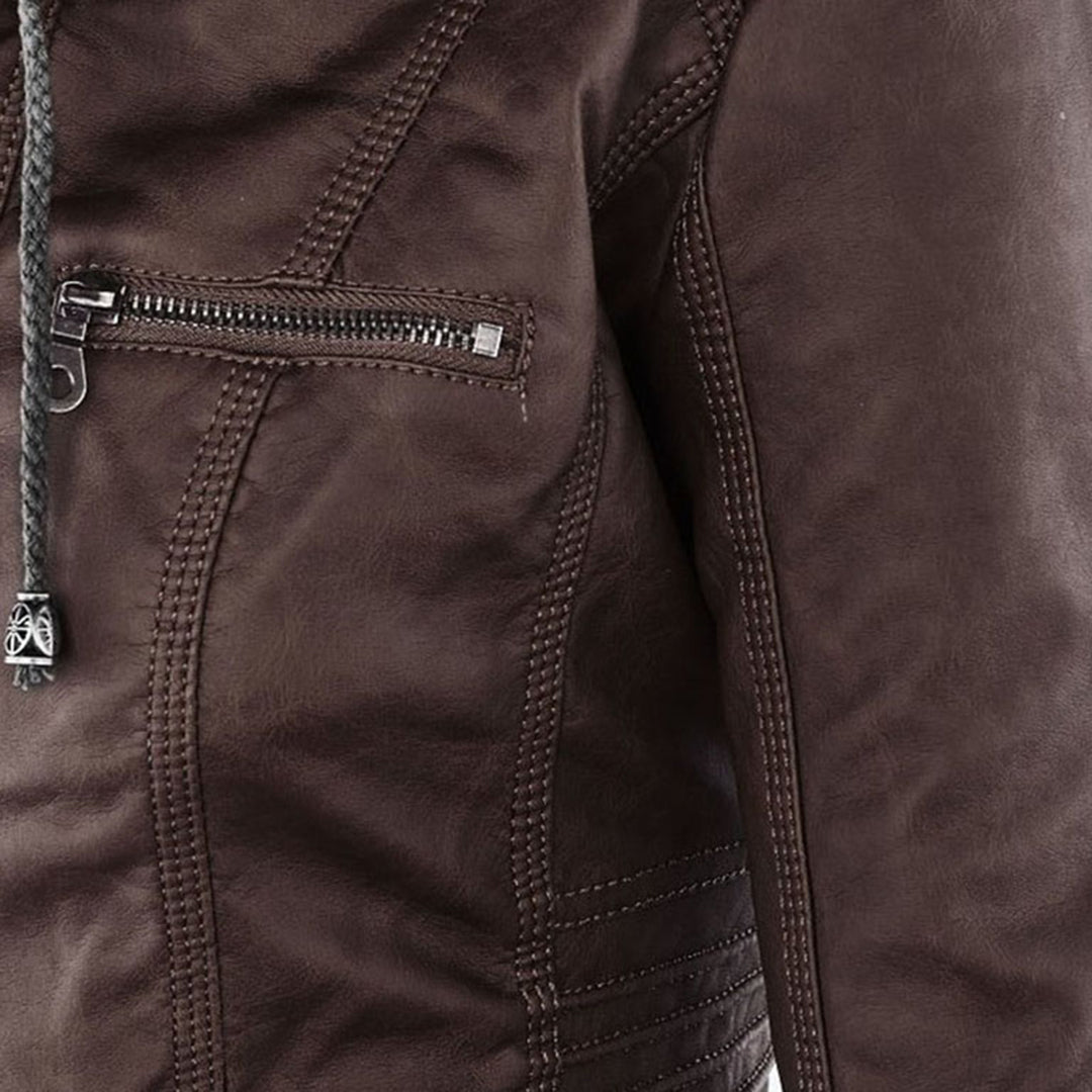 Elegant Faux Leather Moto Jacket for Women with Hooded Long Sleeve Quilted Detail Casual Style