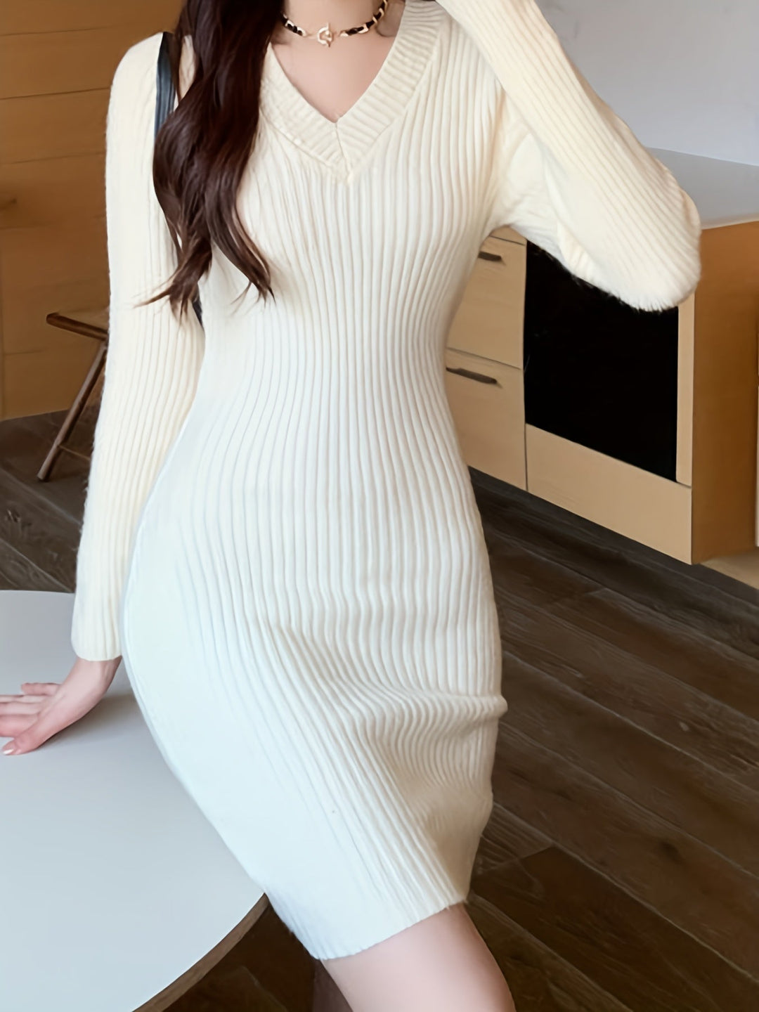 Elegant Ribbed Sweater Mini Dress for Women with V Neck Long Sleeve Bodycon Knit Style