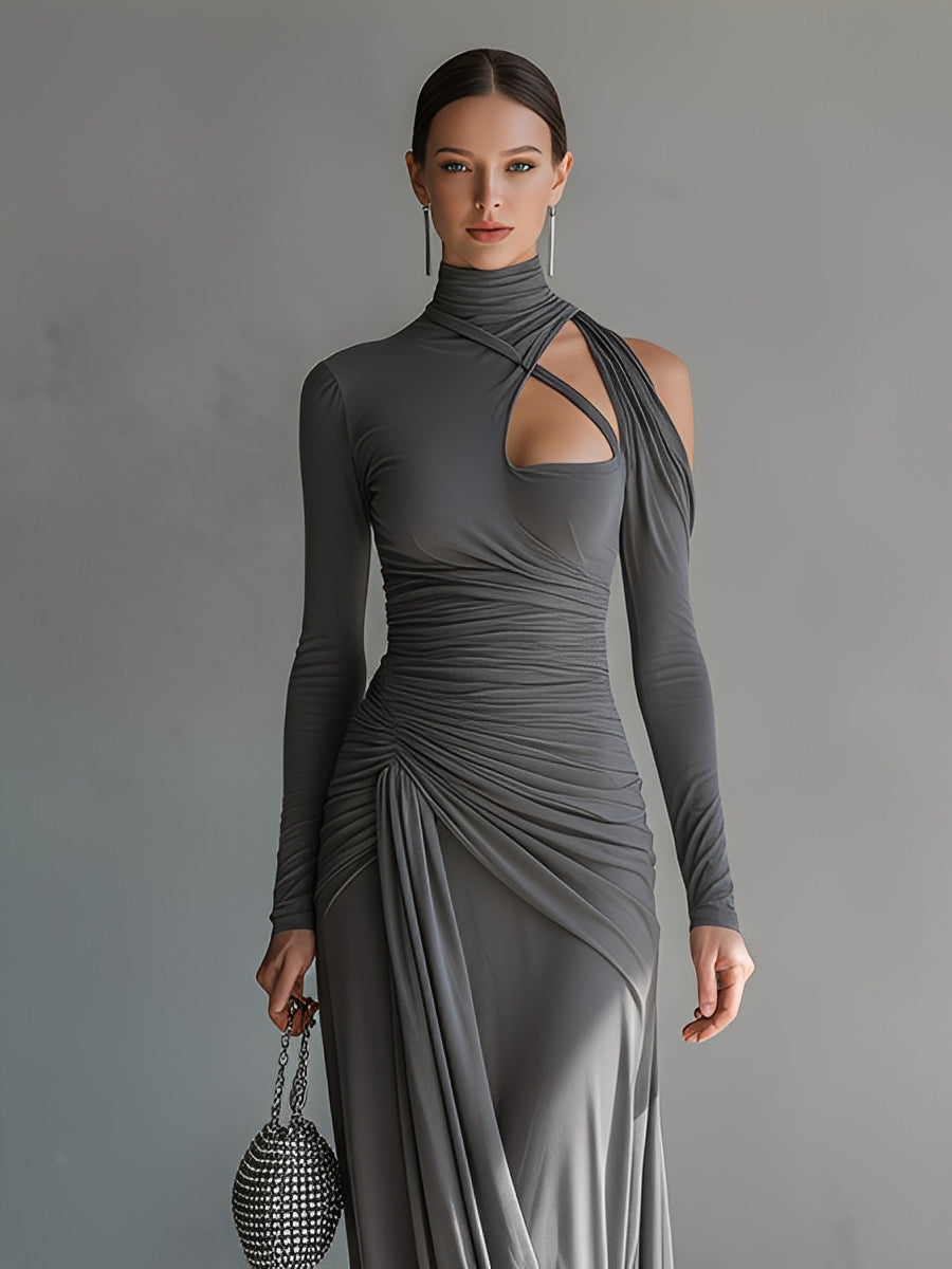 Sienna | Turtleneck Cutout Ruched Long Sleeve Fitted Formal Maxi Dress for Women
