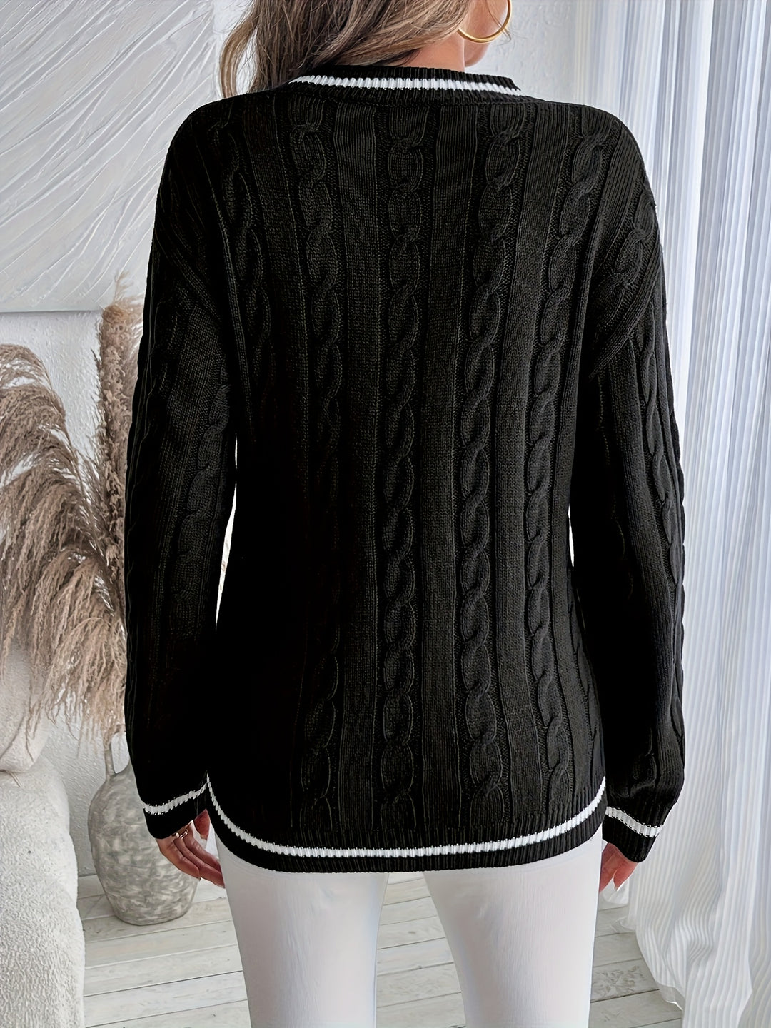 Women's Contrast Trim V Neck Long Sleeve Cable Knit Sweater