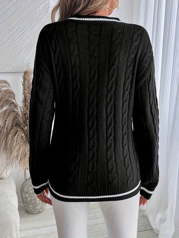 Women's Contrast Trim V Neck Long Sleeve Cable Knit Sweater