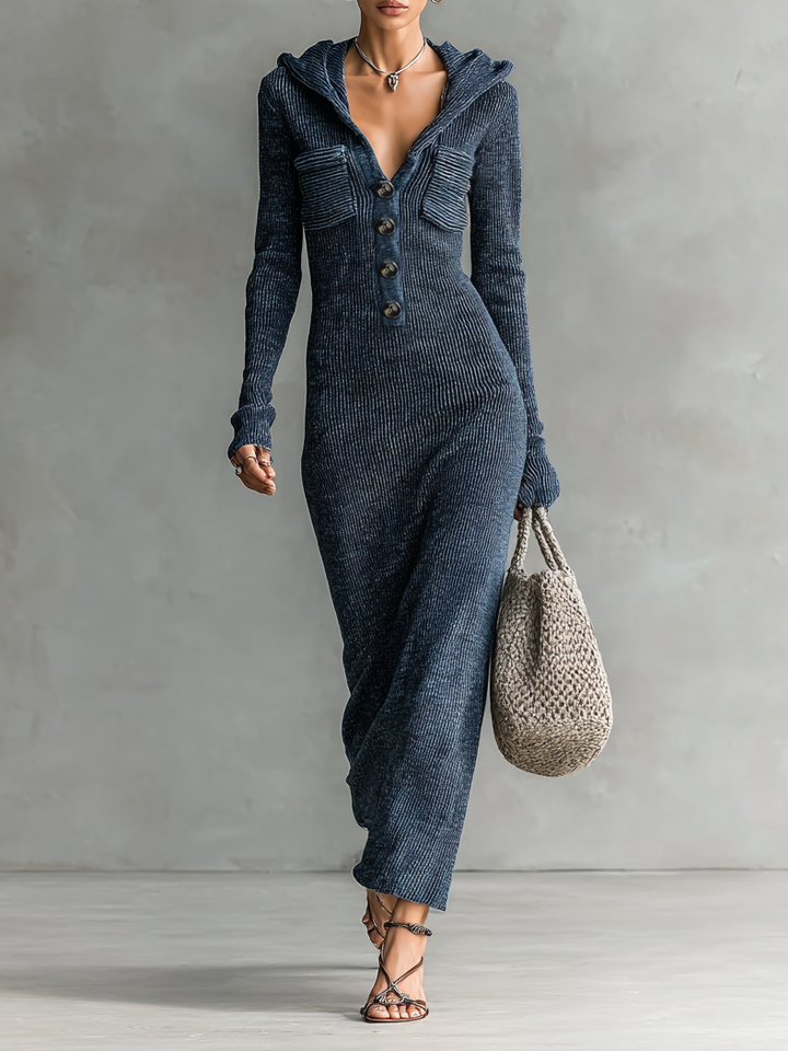 Sloane | Hooded Ribbed Knit Button Front Slim Fit Maxi Dress for Women