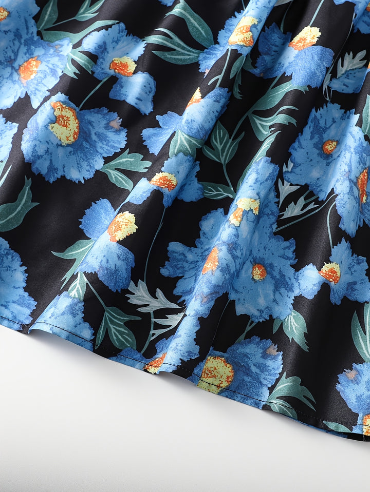 Women's Black Blue Floral Short Sleeve Tiered Maxi Skirt Set