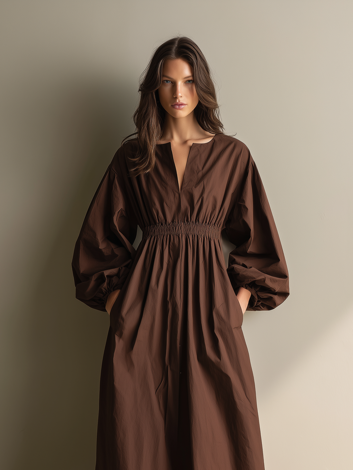 Autumn | Brown V Neck Puff Sleeve Elastic Waist Casual Maxi Dress